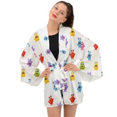 Seamless-pattern-cute-funny-monster-cartoon-isolated-white-background Long Sleeve Kimono by Salman4z