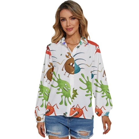 Dangerous-streptococcus-lactobacillus-staphylococcus-others-microbes-cartoon-style-vector-seamless Women s Long Sleeve Button Up Shirt by Salman4z