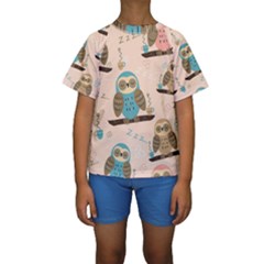Seamless-pattern-owls-dream-cute-style-pajama-fabric Kids  Short Sleeve Swimwear