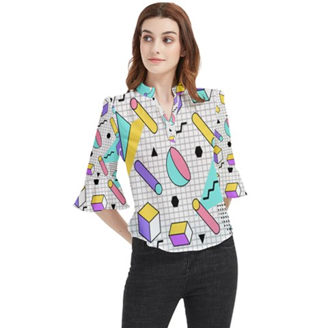 Tridimensional-pastel-shapes-background-memphis-style Loose Horn Sleeve Chiffon Blouse by Salman4z