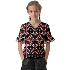 Vector Illustration Of Ukrainian Folk Seamless Pattern Ethnic Ornament Border Element Traditional Kids  V-neck Horn Sleeve Blouse by pakminggu