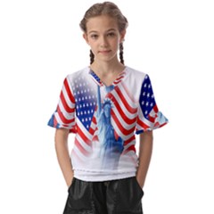 Statue Of Liberty And Usa Flag Art Kids  V-neck Horn Sleeve Blouse