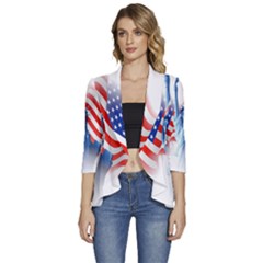 Statue Of Liberty And Usa Flag Art Women s 3/4 Sleeve Ruffle Edge Open Front Jacket by danenraven