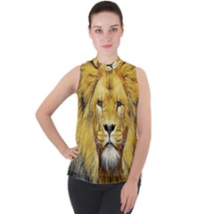 Lion Lioness Wildlife Hunter Mock Neck Chiffon Sleeveless Top by Mog4mog4