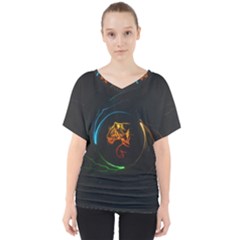 Orange Tiger Illustration Artwork Digital Art V-neck Dolman Drape Top by Bakwanart