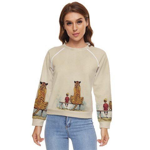 Tiger Sitting Beside Boy Painting Parody Cartoon Women s Long Sleeve Raglan Tee by Bakwanart