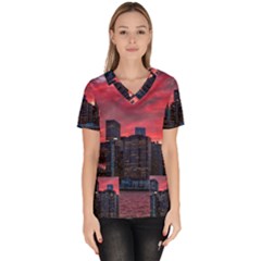 Skyline Sunset United States Reflection Usa,new York Manhattan Women s V-neck Scrub Top