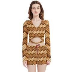 Wooden Weaving Texture Velvet Wrap Crop Top And Shorts Set by 99art
