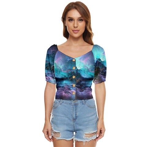 Abstract Graphics Nebula Psychedelic Space Button Up Blouse by 99art