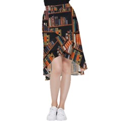 Assorted Title Of Books Piled In The Shelves Assorted Book Lot Inside The Wooden Shelf Frill Hi Low Chiffon Skirt by 99art
