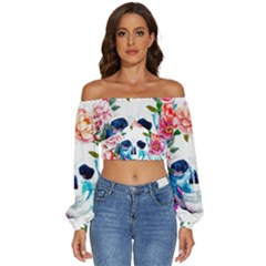Day Of The Dead Skull Art Long Sleeve Crinkled Weave Crop Top by 99art