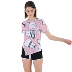 Cute Cats Cartoon Seamless-pattern Asymmetrical Short Sleeve Sports Tee