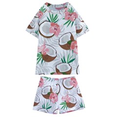 Seamless Pattern Coconut Piece Palm Leaves With Pink Hibiscus Kids  Swim Tee And Shorts Set by Vaneshart