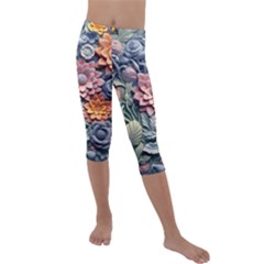 3d Flower Bloom Embossed Pattern Kids  Lightweight Velour Capri Leggings  by Vaneshop