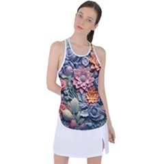 3d Flower Bloom Embossed Pattern Racer Back Mesh Tank Top