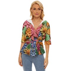 Flower Bloom Embossed Pattern Lightweight Drawstring Hooded Top by Vaneshop