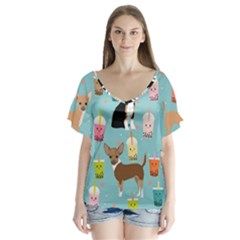 Chihuahua Bubble Kawaii Boba Tea Cute Dog V-neck Flutter Sleeve Top by Wav3s