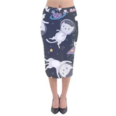 Space Cat Illustration Pattern Astronaut Velvet Midi Pencil Skirt