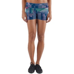The Sun City Tokyo Japan Volcano Kyscrapers Building Yoga Shorts by Grandong
