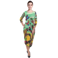 Monkey Tiger Bird Parrot Forest Jungle Style Quarter Sleeve Midi Velour Bodycon Dress by Grandong