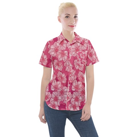 Cute Pink Sakura Flower Pattern Women s Short Sleeve Pocket Shirt by Cowasu