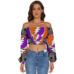 Gratefuldead Grateful Dead Pattern Long Sleeve Crinkled Weave Crop Top by Cowasu