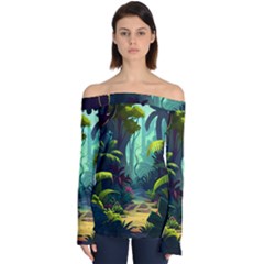 Rainforest Jungle Cartoon Animation Background Off Shoulder Long Sleeve Top by Ndabl3x