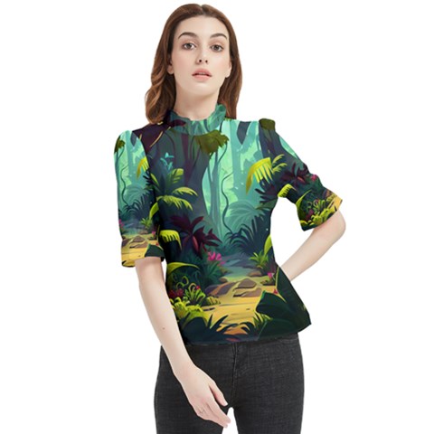 Rainforest Jungle Cartoon Animation Background Frill Neck Blouse by Ndabl3x