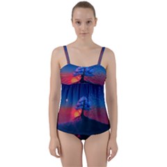 Dark Tree Sunset Landscape Art Twist Front Tankini Set by Ravend