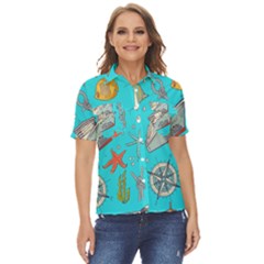 Colored-sketched-sea-elements-pattern-background-sea-life-animals-illustration Women s Short Sleeve Double Pocket Shirt