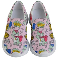 Seamless-pattern-with-many-funny-cute-superhero-dinosaurs-t-rex-mask-cloak-with-comics-style-inscrip Kids Lightweight Slip Ons by uniart180623