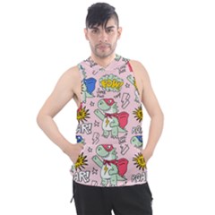 Seamless-pattern-with-many-funny-cute-superhero-dinosaurs-t-rex-mask-cloak-with-comics-style-inscrip Men s Sleeveless Hoodie by uniart180623