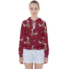 Cute-reindeer-head-with-star-red-background Women s Tie Up Sweat by uniart180623