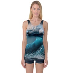 Tsunami Waves Ocean Sea Water Rough Seas One Piece Boyleg Swimsuit by uniart180623