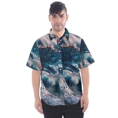 Tsunami Waves Ocean Sea Water Rough Seas Men s Short Sleeve Shirt by uniart180623