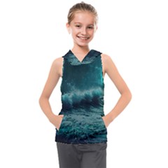 Waves Ocean Sea Tsunami Nautical Blue Sea Art Kids  Sleeveless Hoodie