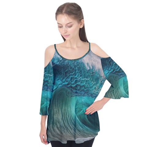 Tsunami Waves Ocean Sea Water Rough Seas Flutter Sleeve Tee  by uniart180623