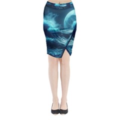 Moonlight High Tide Storm Tsunami Waves Ocean Sea Midi Wrap Pencil Skirt by uniart180623