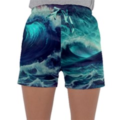 Ai Generated Waves Ocean Sea Tsunami Nautical Fantasy Sleepwear Shorts by uniart180623