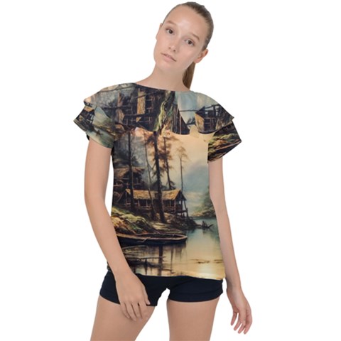 Fantasy Landscape Foggy Mysterious Ruffle Collar Chiffon Blouse by Ravend