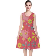 Flowers Pattern V-neck Midi Sleeveless Dress  by Simbadda
