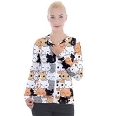 Cute Cat Kitten Cartoon Doodle Seamless Pattern Casual Zip Up Jacket by Simbadda
