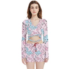 Children Pattern Design Velvet Wrap Crop Top And Shorts Set