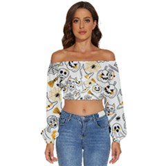 Funny Hand Drawn Halloween Pattern Long Sleeve Crinkled Weave Crop Top