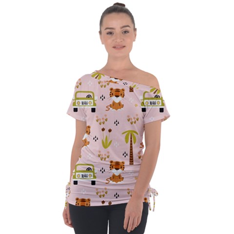 Cute Tiger Car Safari Seamless Pattern Off Shoulder Tie-up Tee by Simbadda