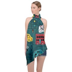 Seamless Pattern Hand Drawn With Vehicles Buildings Road Halter Asymmetric Satin Top by Simbadda