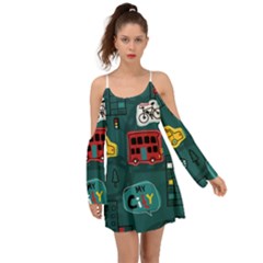 Seamless Pattern Hand Drawn With Vehicles Buildings Road Boho Dress by Simbadda