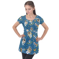 Seamless-pattern-funny-astronaut-outer-space-transportation Puff Sleeve Tunic Top by Simbadda