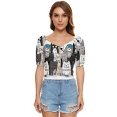 Cute Cat Hand Drawn Cartoon Style Button Up Blouse