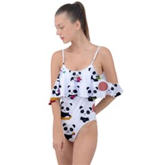 Playing Panda Cartoon Drape Piece Swimsuit